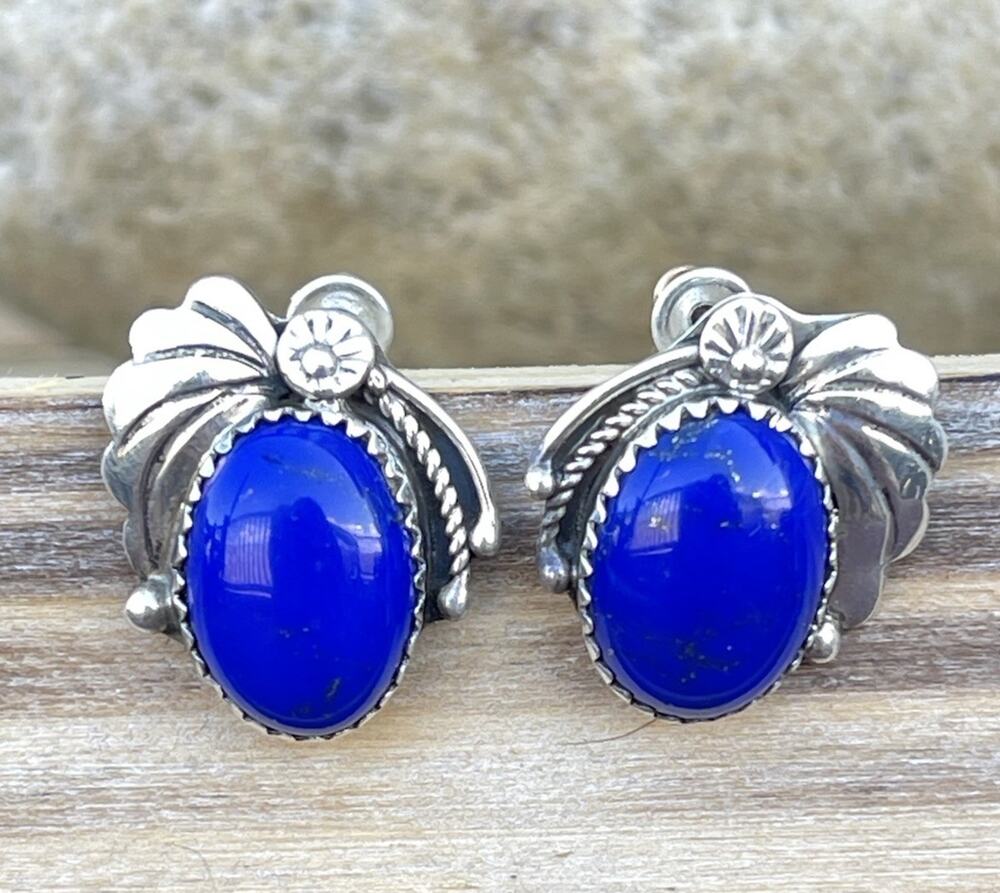 Vintage Navajo Sterling Silver Blue Lapis Lazuli Stud Post Earrings Signed A